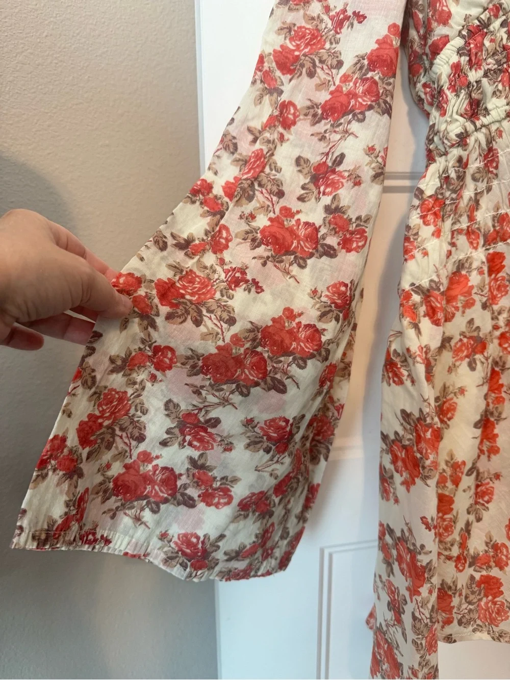 Free People Keep You Floral Smocked Empire Waist Mini Dress Bell Sleeve Boho M